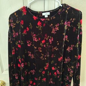 J. Jill Dark Velvet Top with Red and Pink Floral Design